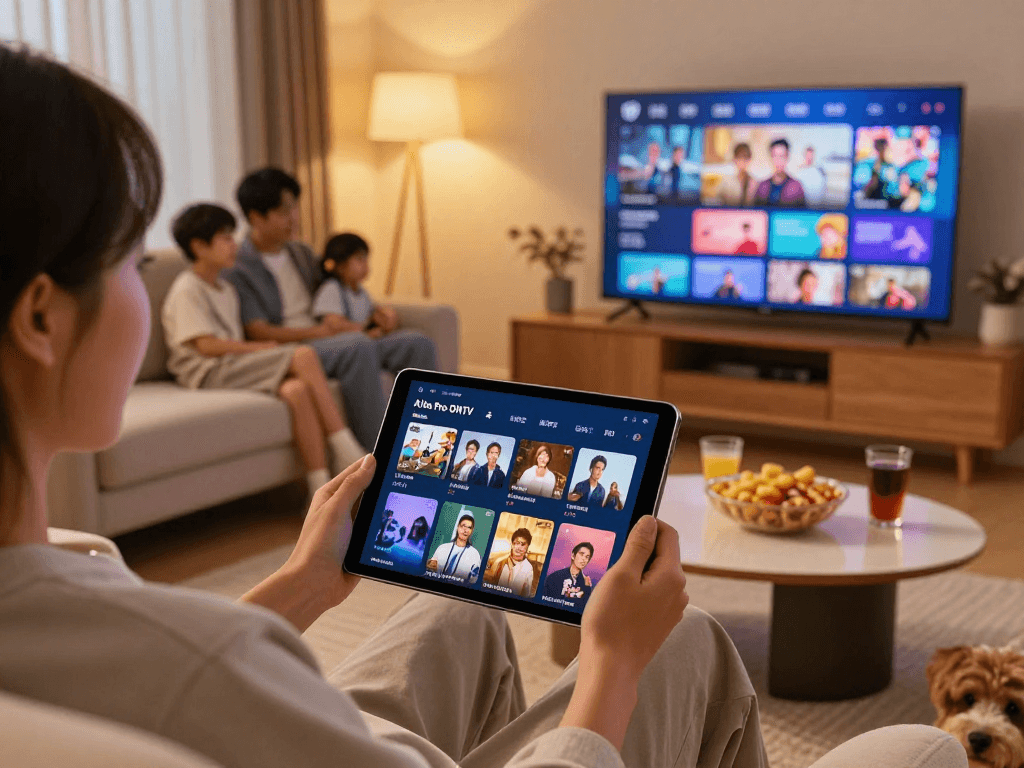Interagissant avec l'application atlas pro ontv sur une tablette dans un salon moderne et accueillant.