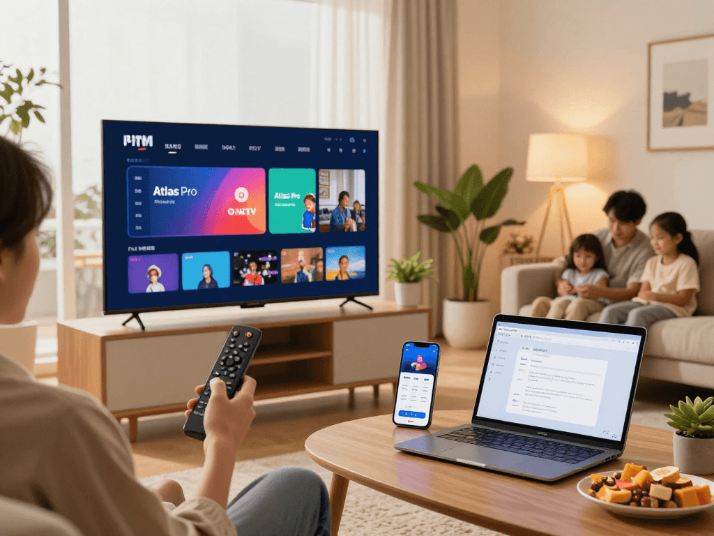 Installer Atlas Pro Samsung sur Smart TV avec une famille heureuse regardant des émissions ensemble.