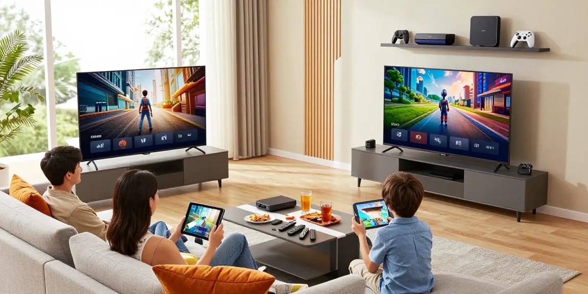 Une famille profitant de Iron TV sur deux écrans dans un salon moderne, avec confort et convivialité.