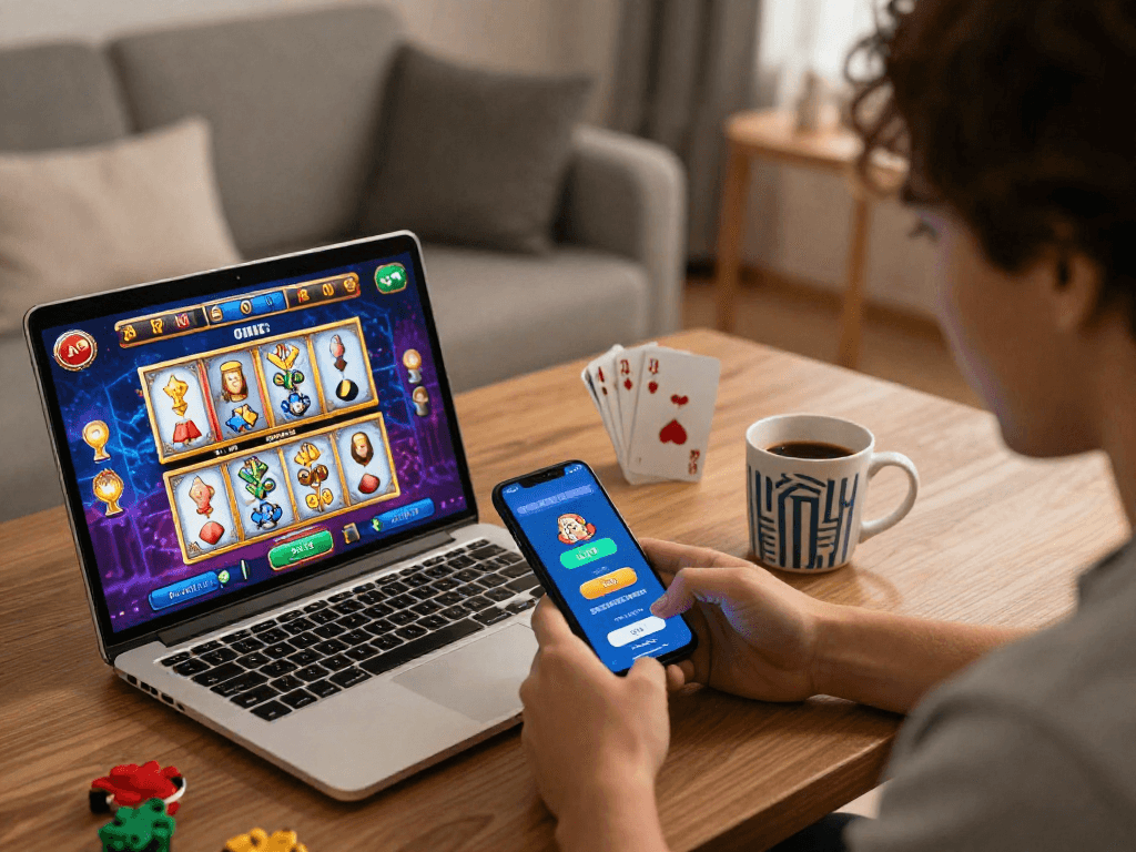 Un joueur de casino en ligne engageant avec des jeux variés sur laptop et smartphone, ambiance vibrante et excitante.