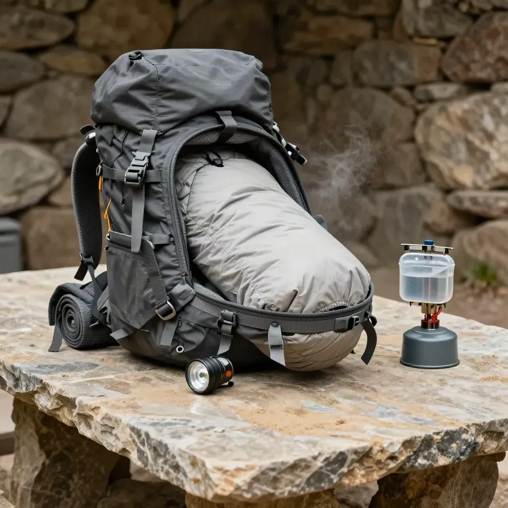 Sac à dos ouvert sur une table de refuge, kit de bivouac compact en piles simples.
