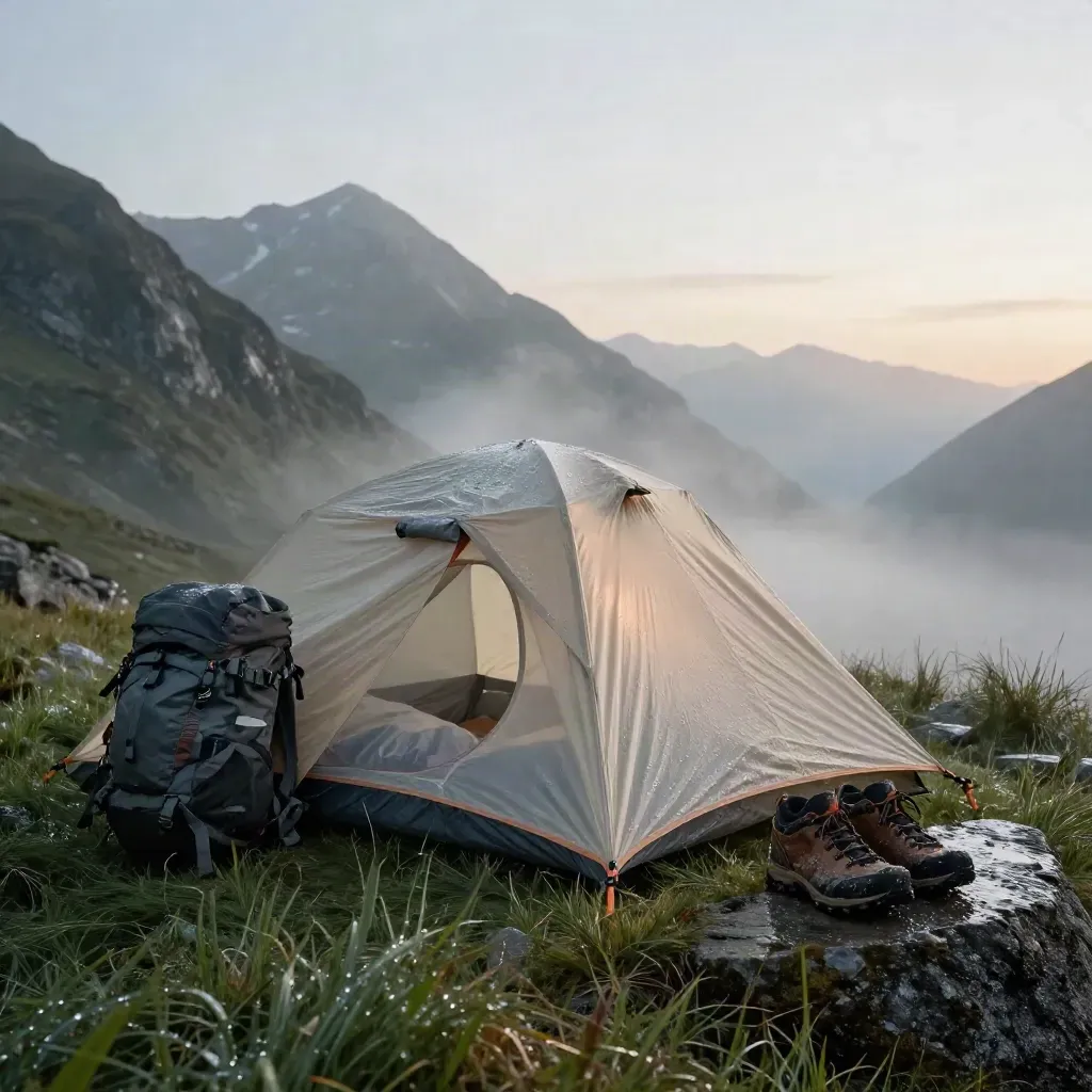 Bivouac sous tarp sable sur un alpage brumeux au lever du jour après la pluie.