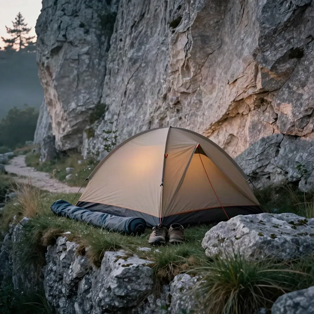 Petit bivouac au crépuscule au bord d’un sentier du Vercors, tente basse, duvet et chaussures.