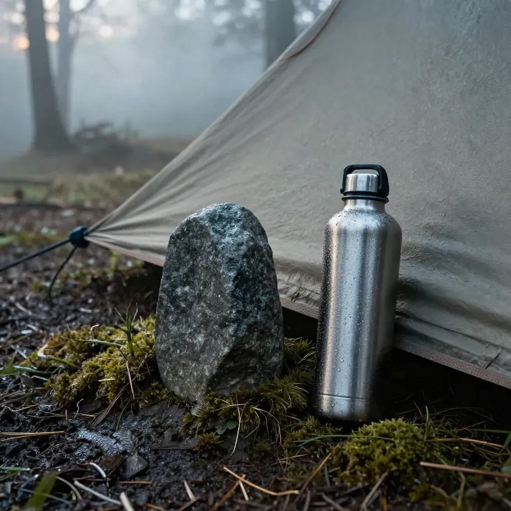 Installation de limite de bivouac dans une clairière humide, cordelettes, pierre, toile roulée et gourde.
