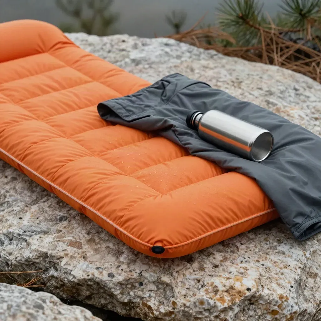 Matelas gonflable orange à moitié dégonflé sur une pierre, avec duvet gris et gourde inox.