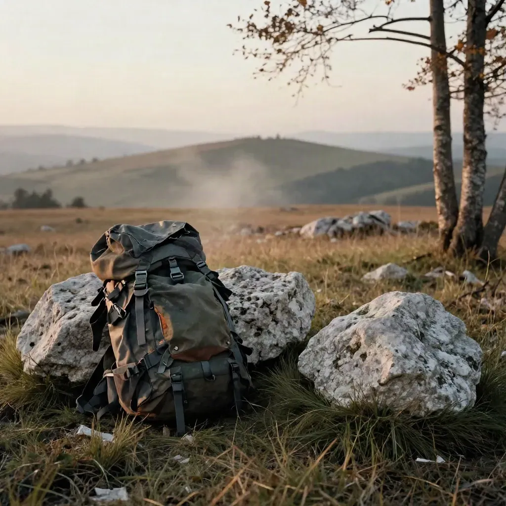 Bivouac discret sur un plateau du Vercors avec sac, cape de pluie et brume de fin d’après-midi.