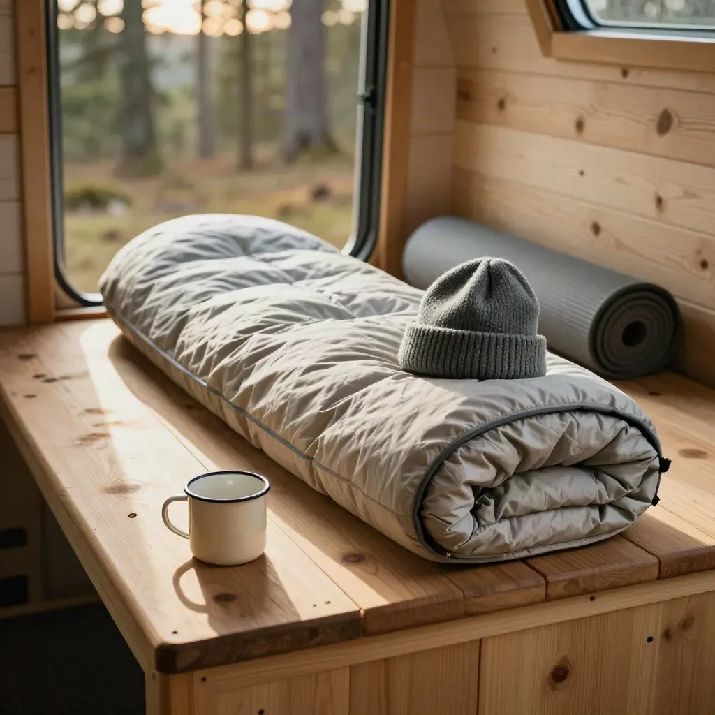 Kit de bivouac prêt sur un banc en bois dans une cabane ouverte, lumière douce du soir.