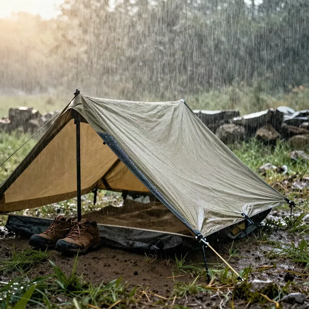 Tarp sable tendu sous la pluie, haubans bas et chaussures à l’abri sur sol sombre.