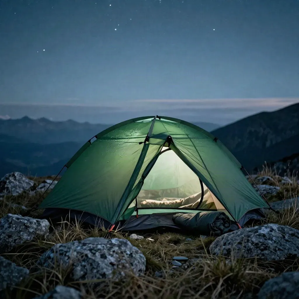 Tente verte basse sous les étoiles, rochers et herbes sèches en montagne, nuit calme et tendue.
