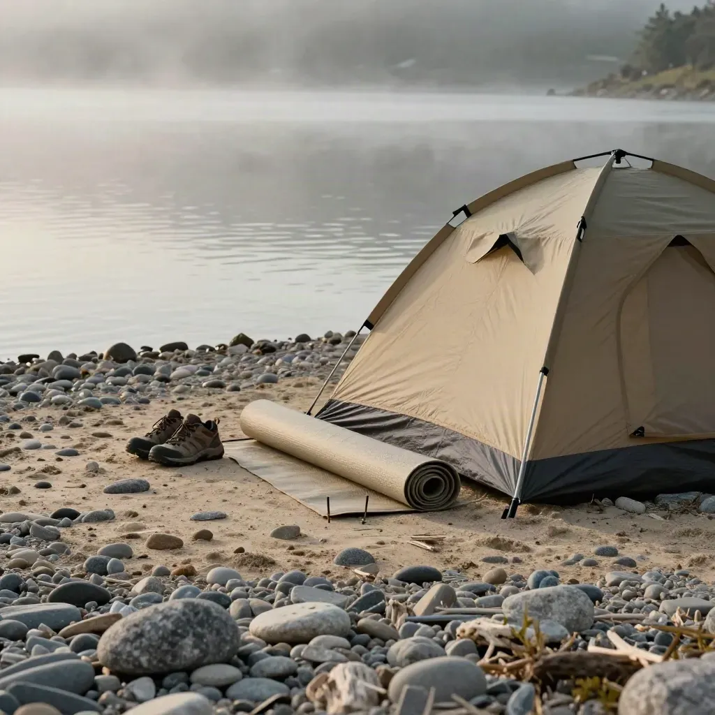 Tente sable, matelas et chaussures au bord d’un lac brumeux, prêts pour poser le bivouac.