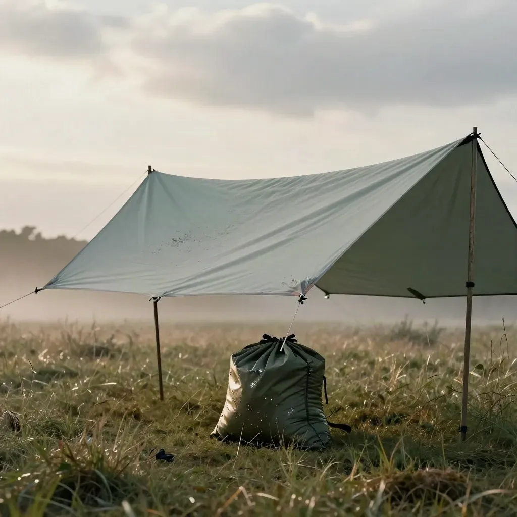 Tarp sable tendu entre deux bâtons, haubans, piquets et sac au sol sous un ciel humide.