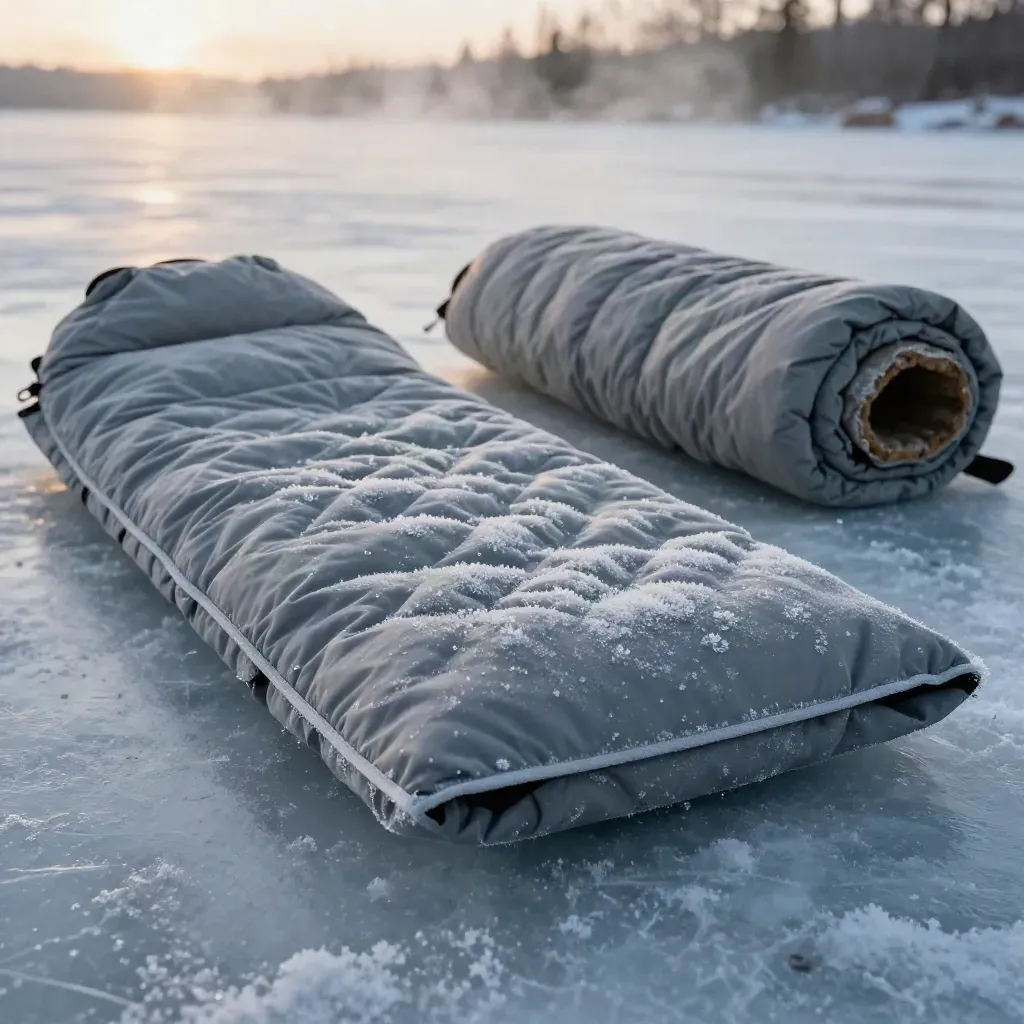 Matelas isolant gris sur sol gelé, duvet roulé et tapis mousse à l’aube.