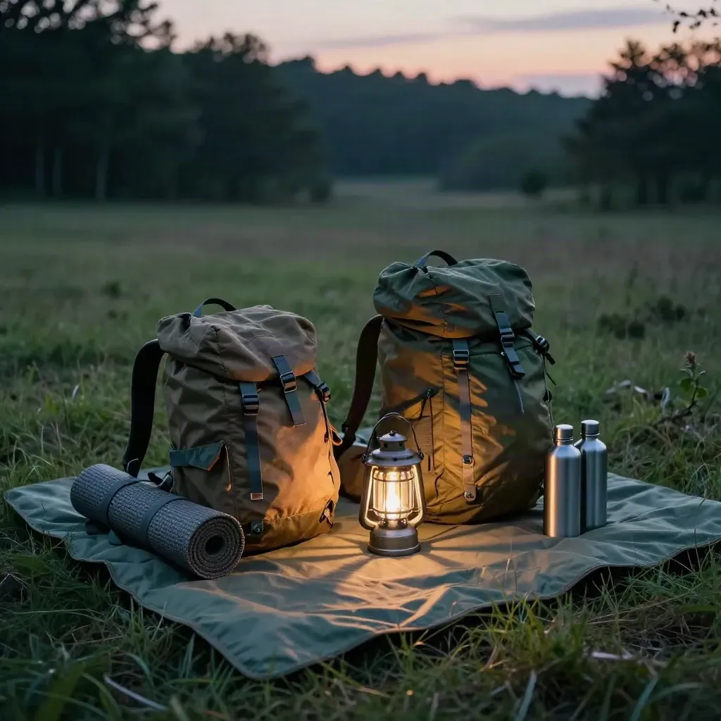 Deux petits sacs, matelas et gourdes au crépuscule sur une clairière calme.