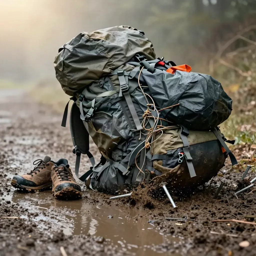 Sac à dos trop chargé, chaussures sales et bâche mal pliée sur terre humide.