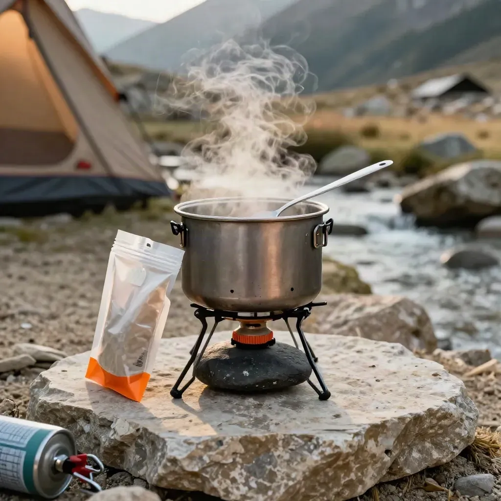 Popote de bivouac en aluminium avec vapeur, cuillère et sachet repas sur réchaud discret.