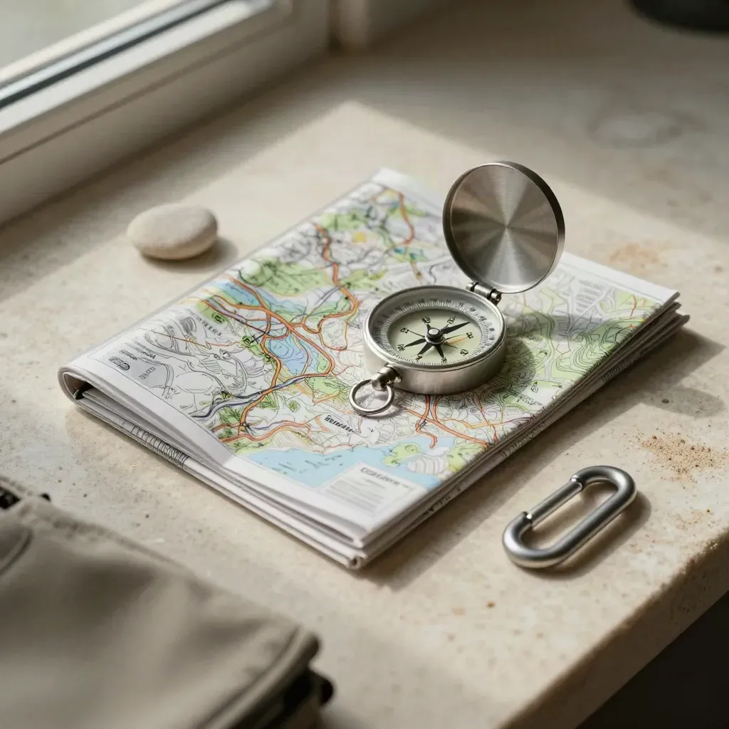 Carte pliée, boussole, galet et mousqueton sur pierre claire.