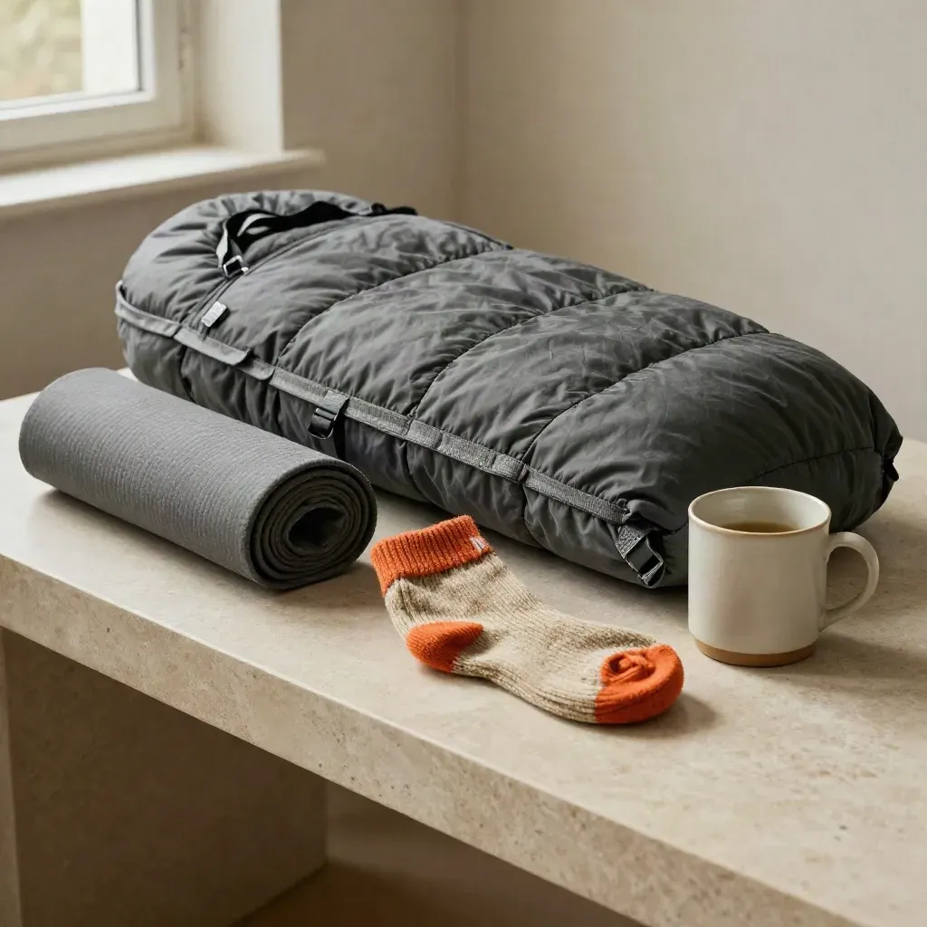 Duvet compressé, matelas isolant, chaussette laineuse et tasse sur un banc clair.